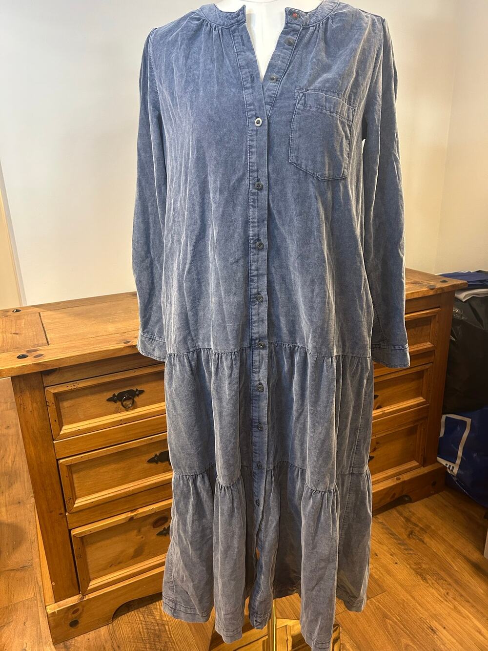 PILCRO XS Marta Tiered Country Blue Corduroy Midi Dress Cottagecore Boho Relaxed